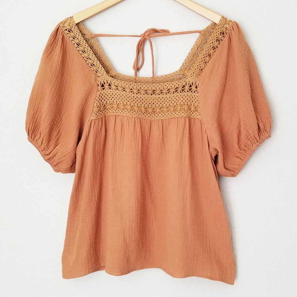 Bluivy Women's S Boho Crochet Lace Puff Sleeves Blouse Square Neck Camel Cotton - Picture 4 of 14